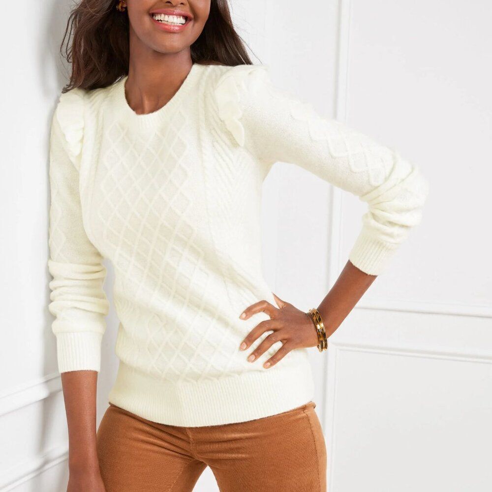 Talbots Cable Knit Ruffle Crewneck Sweater Sz P (US Sz 6)